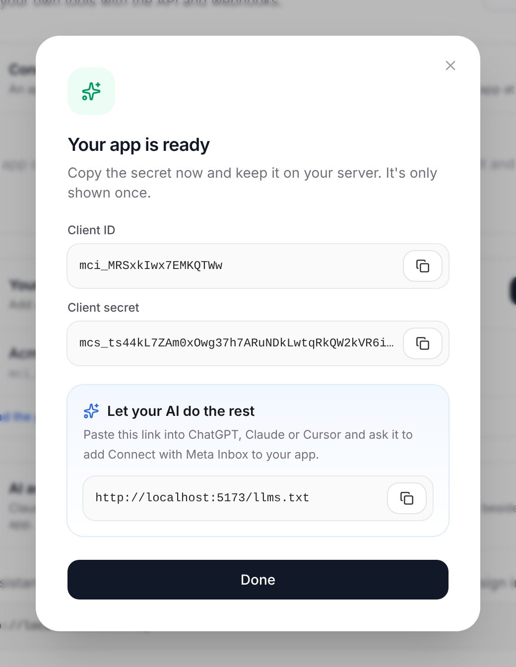 Your client ID and secret, ready to copy